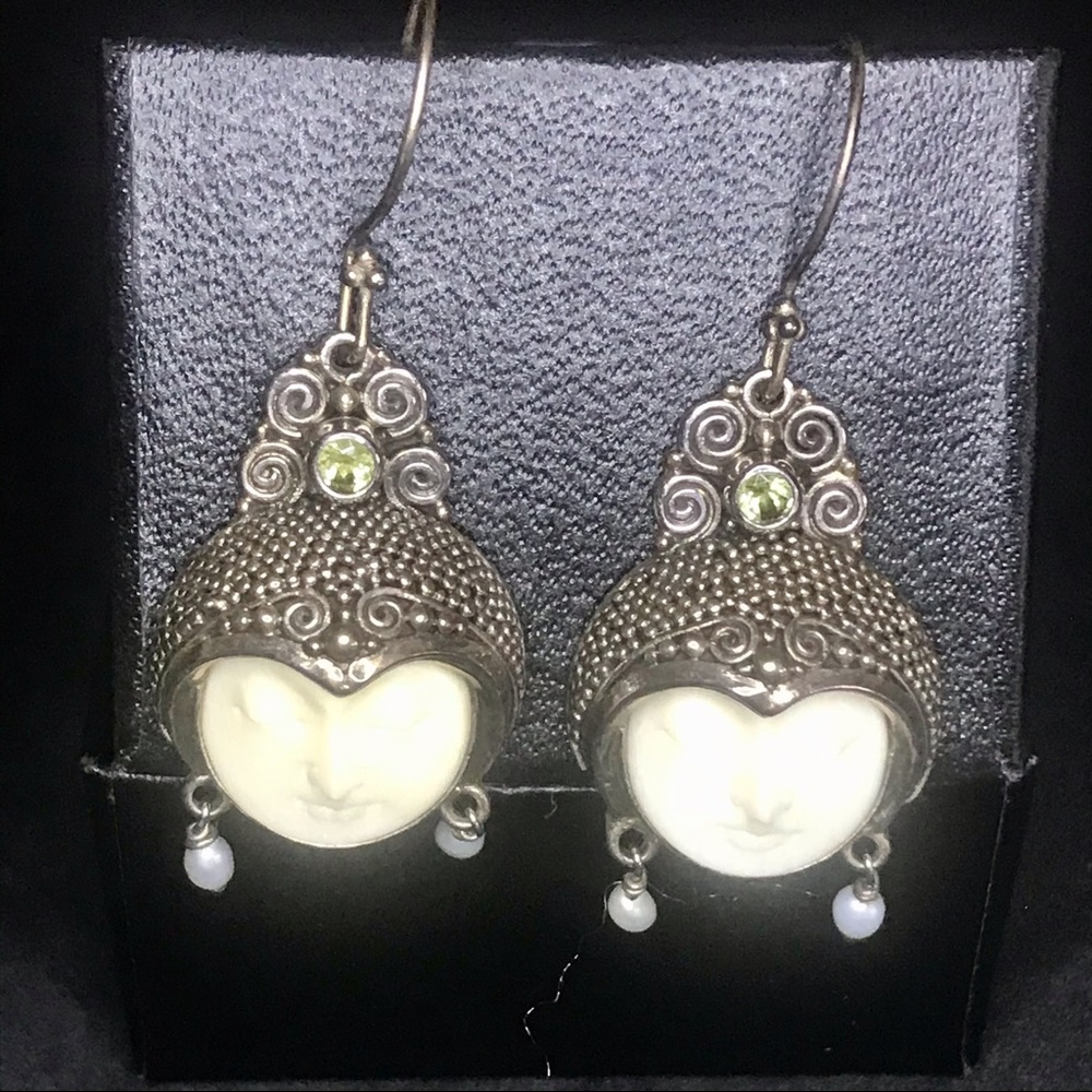 Silver Moon Face Hook Earrings 925 Sterling W/Emerald & Pearls